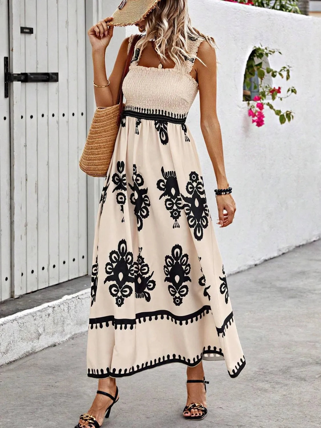 Women's Smocked Printed Wide Strap Maxi Dress | Belluvyn