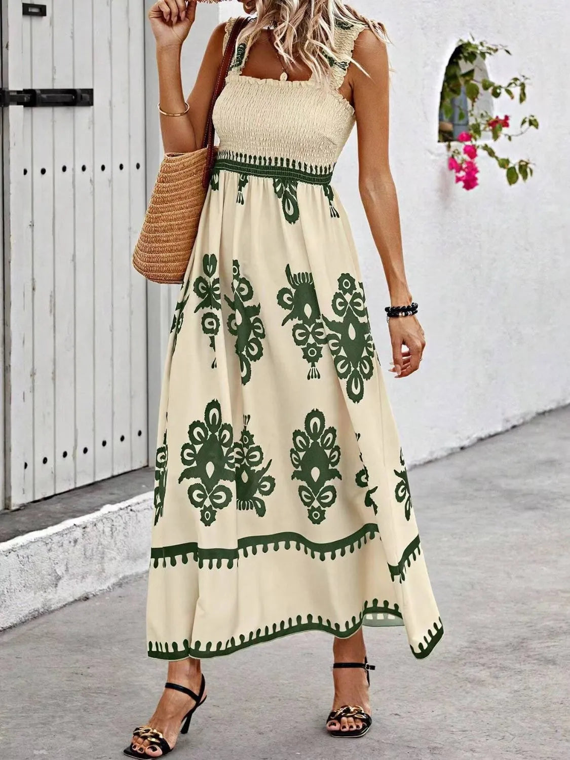 Women's Smocked Printed Wide Strap Maxi Dress | Belluvyn