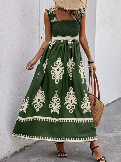 Women's Smocked Printed Wide Strap Maxi Dress | Belluvyn
