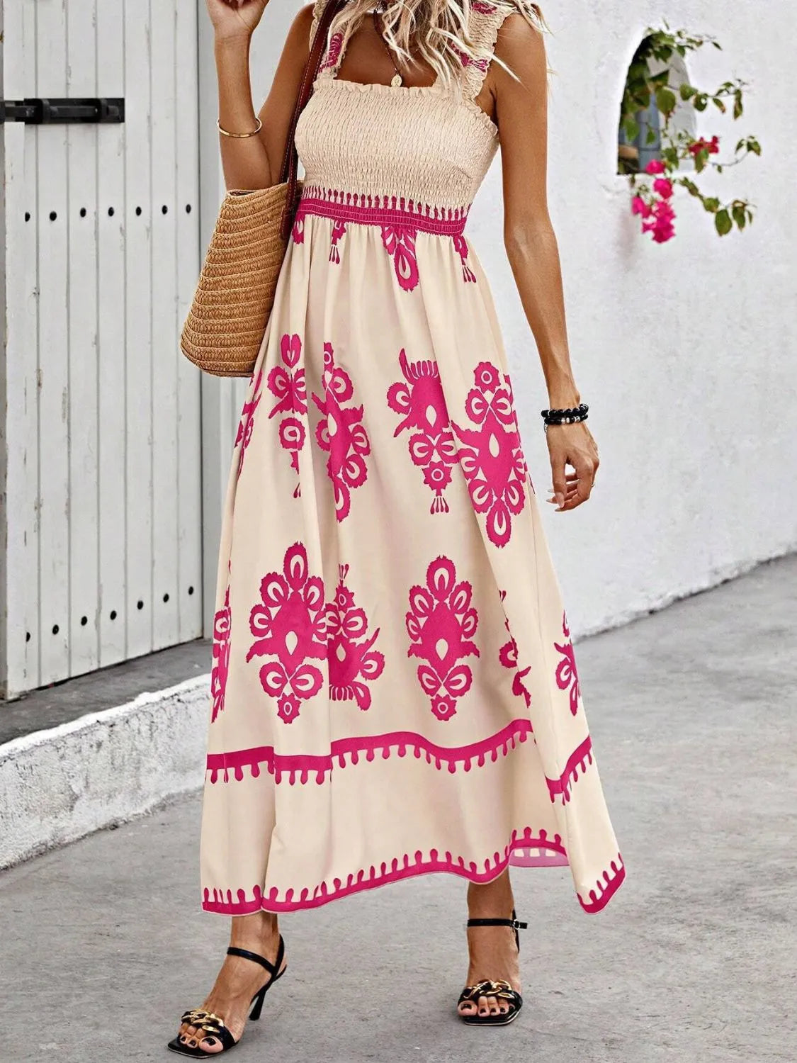 Women's Smocked Printed Wide Strap Maxi Dress | Belluvyn