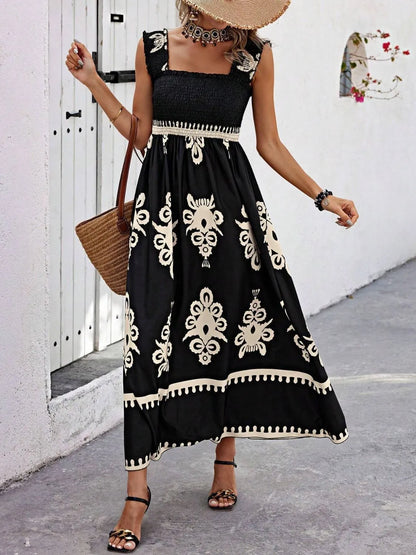 Women's Smocked Printed Wide Strap Maxi Dress | Belluvyn