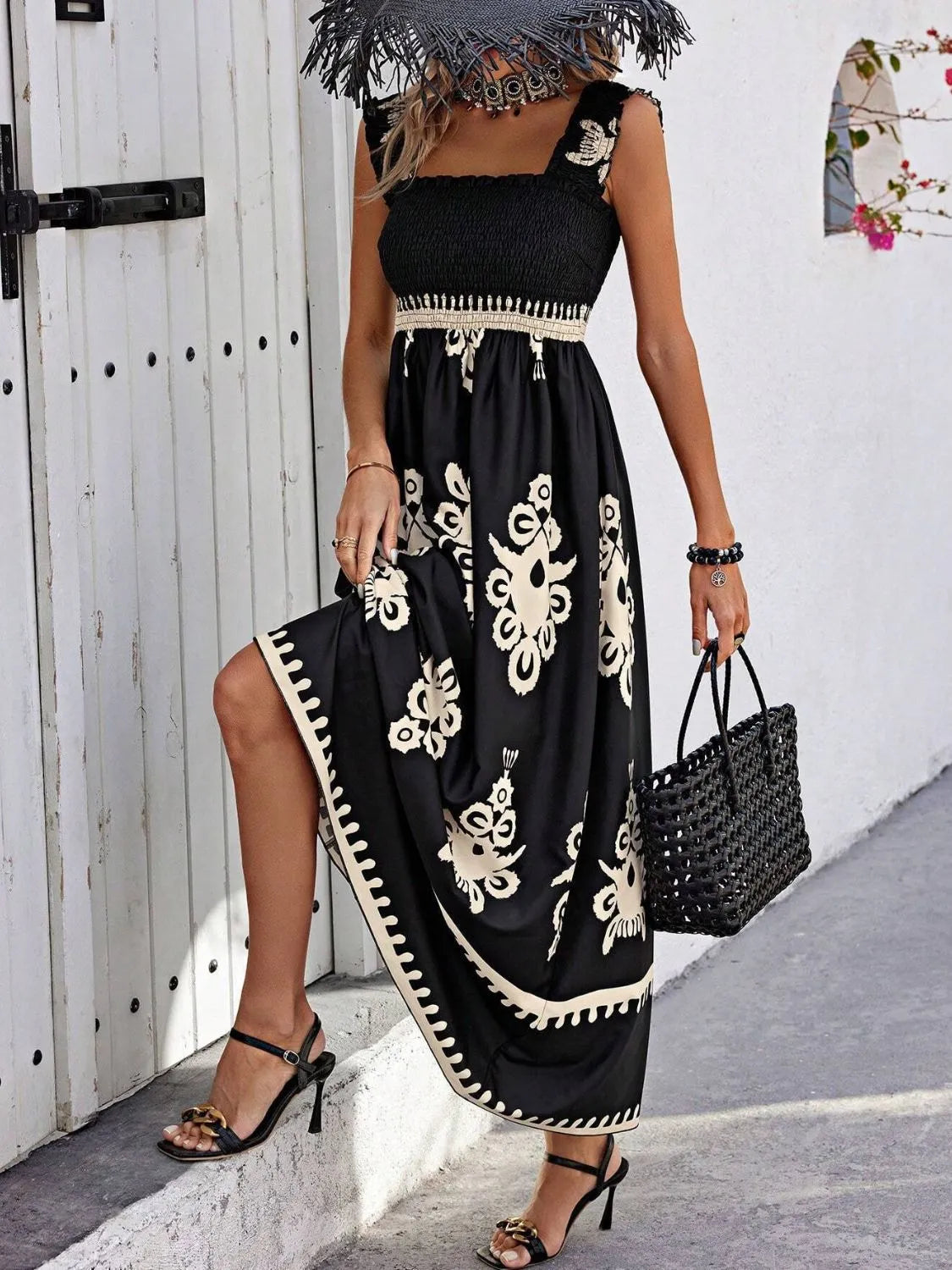 Women's Smocked Printed Wide Strap Maxi Dress | Belluvyn