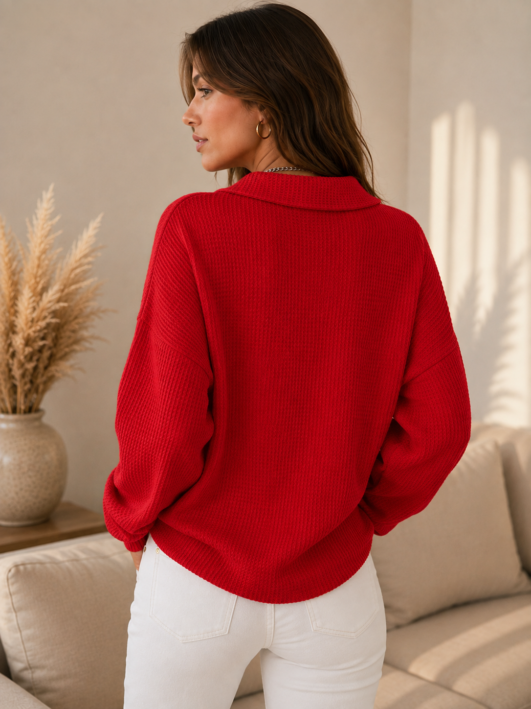 Women's Textured Knit Polo Sweater Oversized | Belluvyn