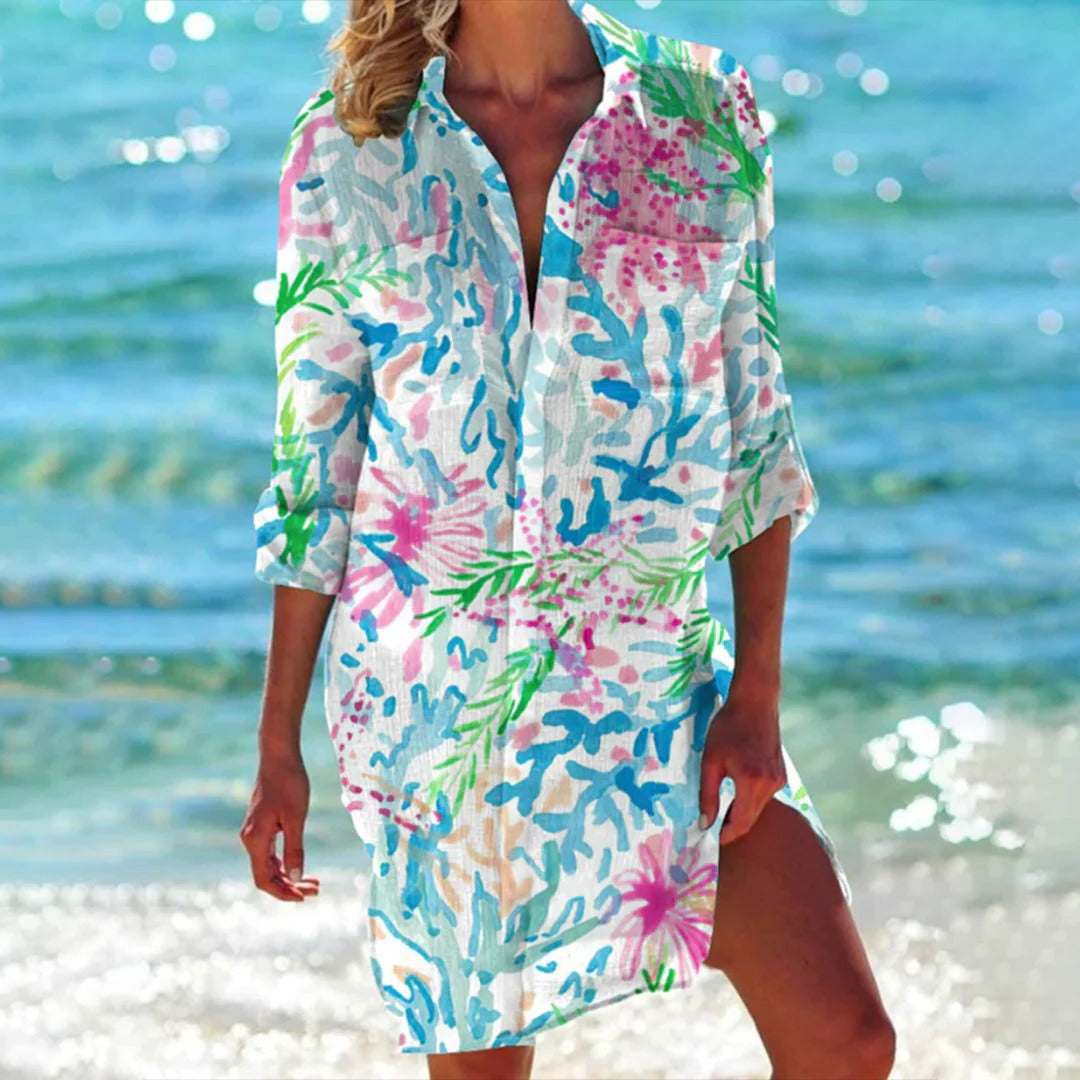 Women's Tropical Print Shirt Vacation Dress 3/4 Sleeve Beach Cover-Up | Belluvyn