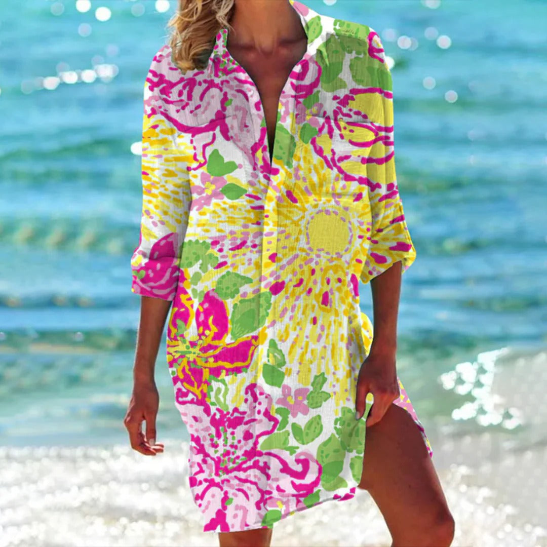 Women's Tropical Print Shirt Vacation Dress 3/4 Sleeve Beach Cover-Up | Belluvyn