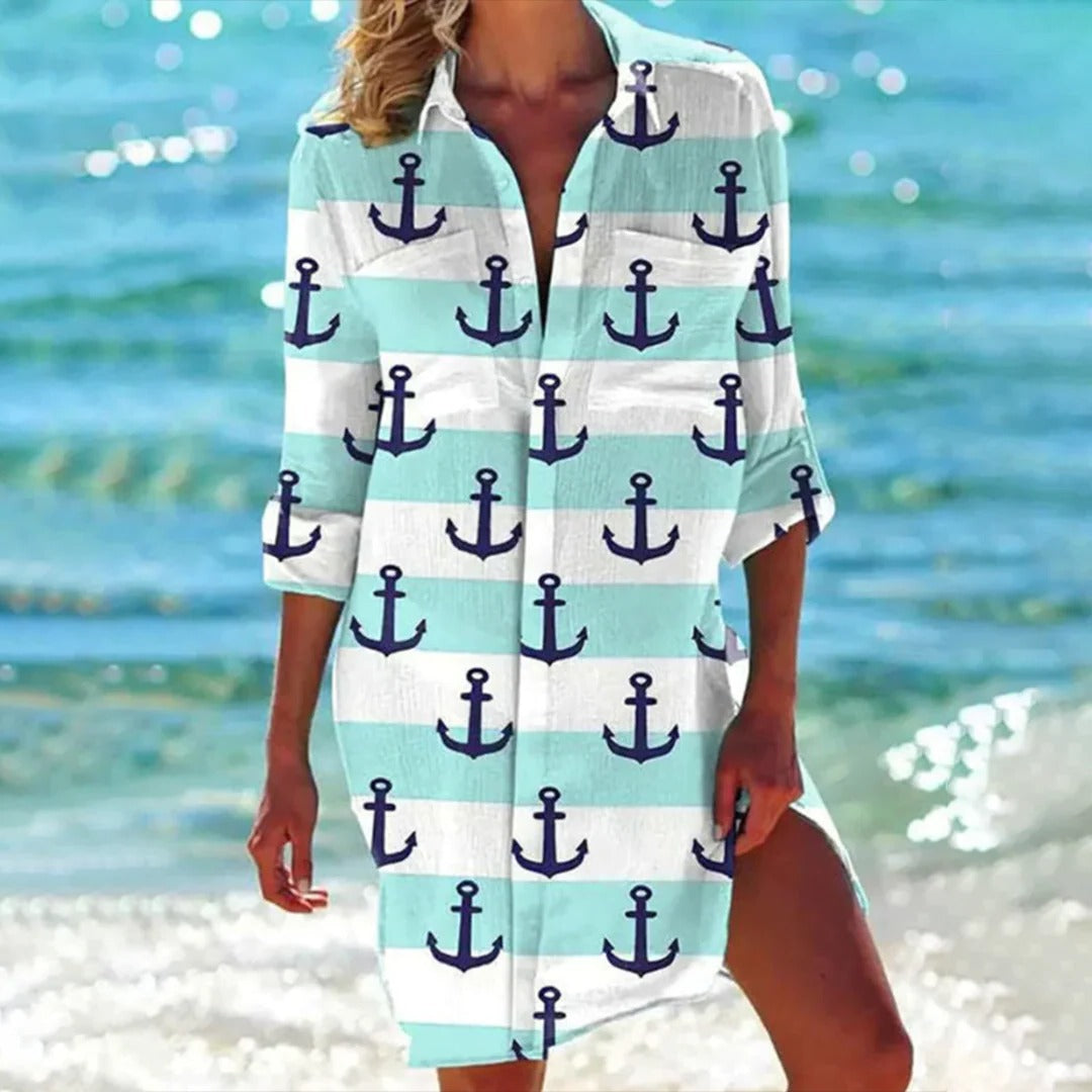Women's Tropical Print Shirt Vacation Dress 3/4 Sleeve Beach Cover-Up | Belluvyn
