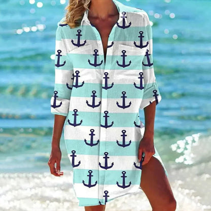 Women's Tropical Print Shirt Vacation Dress 3/4 Sleeve Beach Cover-Up | Belluvyn