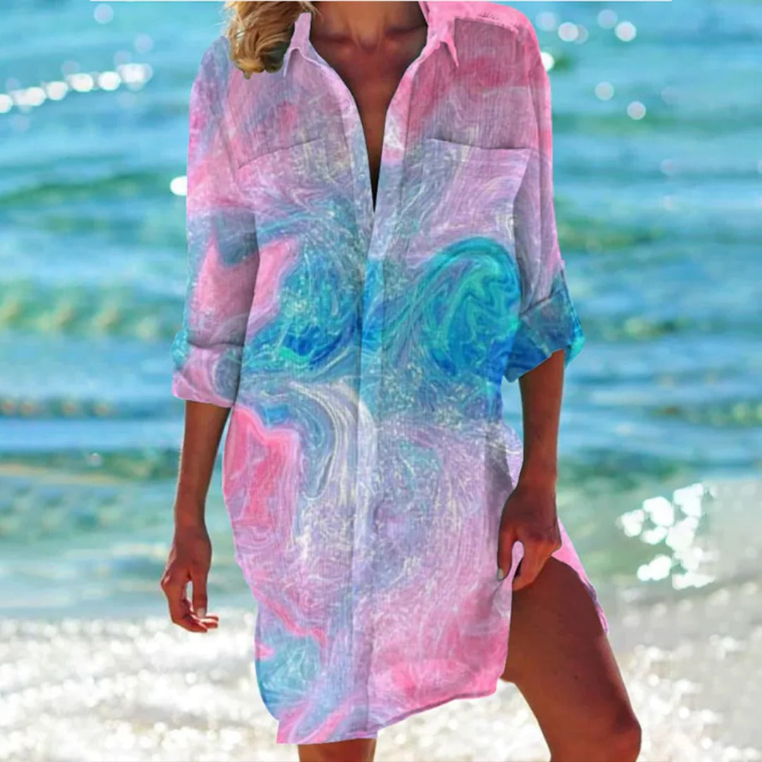 Women's Tropical Print Shirt Vacation Dress 3/4 Sleeve Beach Cover-Up | Belluvyn