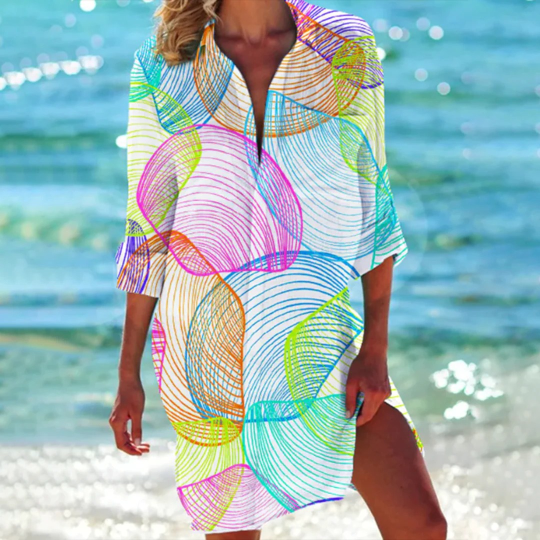 Women's Tropical Print Shirt Vacation Dress 3/4 Sleeve Beach Cover-Up | Belluvyn
