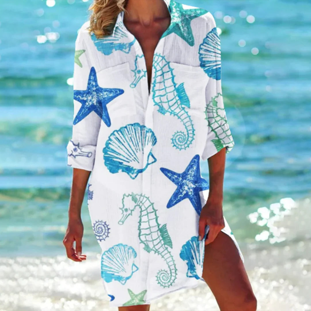 Women's Tropical Print Shirt Vacation Dress 3/4 Sleeve Beach Cover-Up | Belluvyn