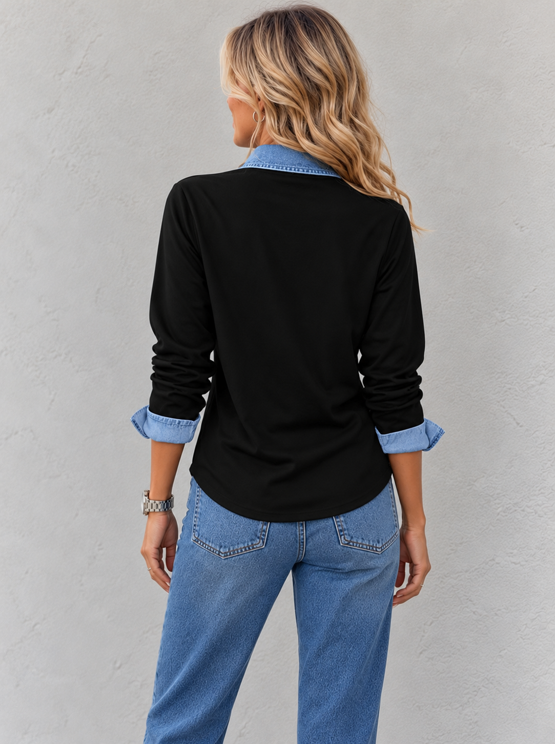 Women’s Two-Tone Denim Trim Button-Up Shirt | Belluvyn