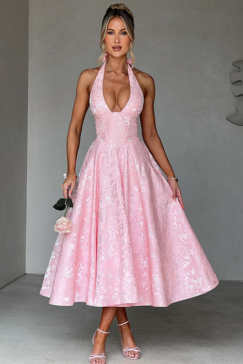 Women's V-Neck Halter Sleeveless Jacquard Maxi Dress | Belluvyn