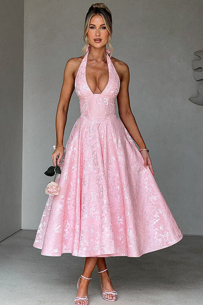 Women's V-Neck Halter Sleeveless Jacquard Maxi Dress | Belluvyn