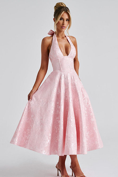Women's V-Neck Halter Sleeveless Jacquard Maxi Dress | Belluvyn