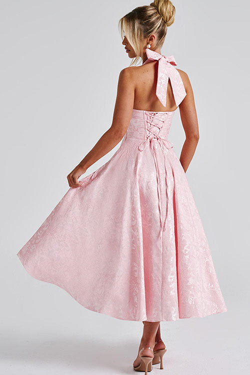 Women's V-Neck Halter Sleeveless Jacquard Maxi Dress | Belluvyn
