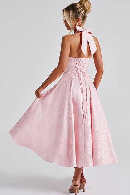 Women's V-Neck Halter Sleeveless Jacquard Maxi Dress | Belluvyn