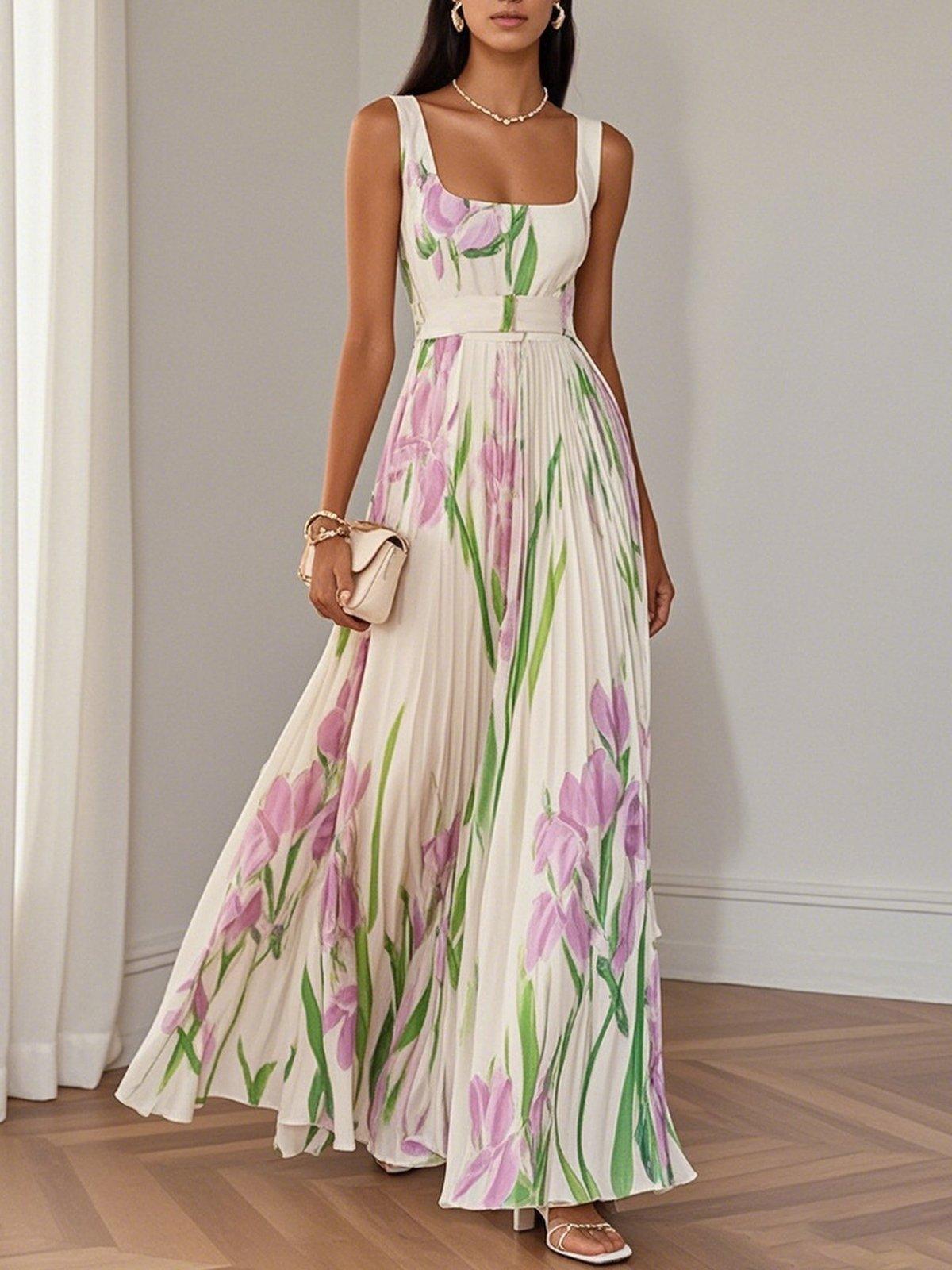 Women's White Pleated Floral Maxi Dress | Belluvyn