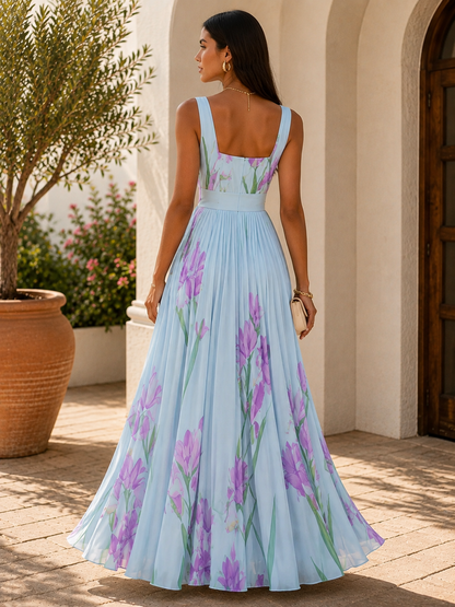 Women's White Pleated Floral Maxi Dress | Belluvyn
