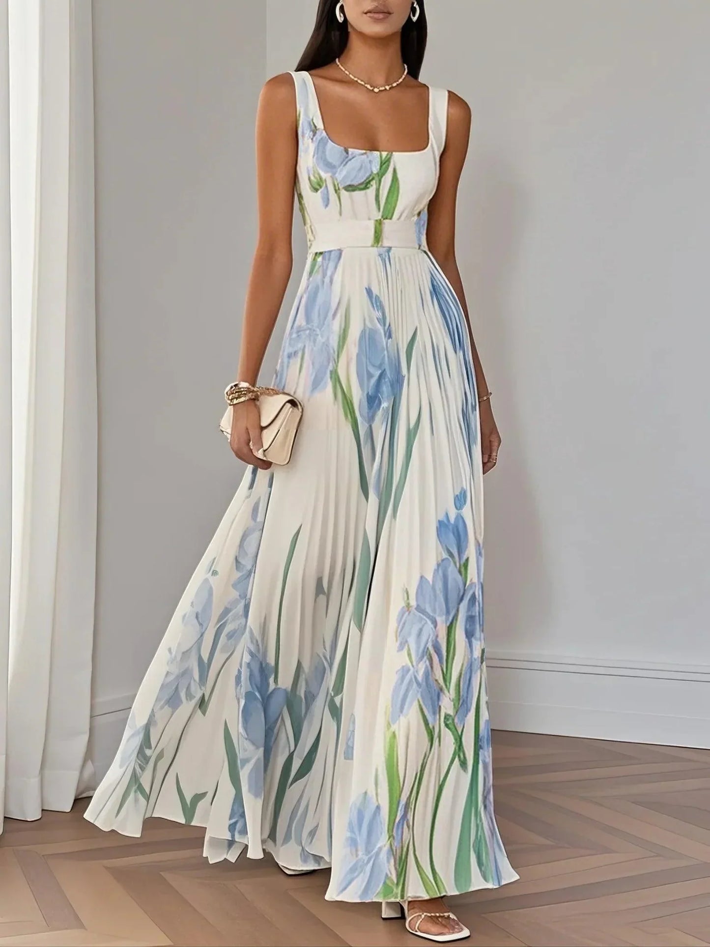 Women's White Pleated Floral Maxi Dress | Belluvyn