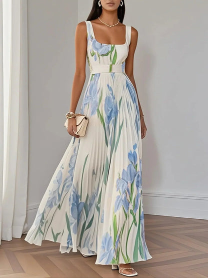 Women's White Pleated Floral Maxi Dress | Belluvyn