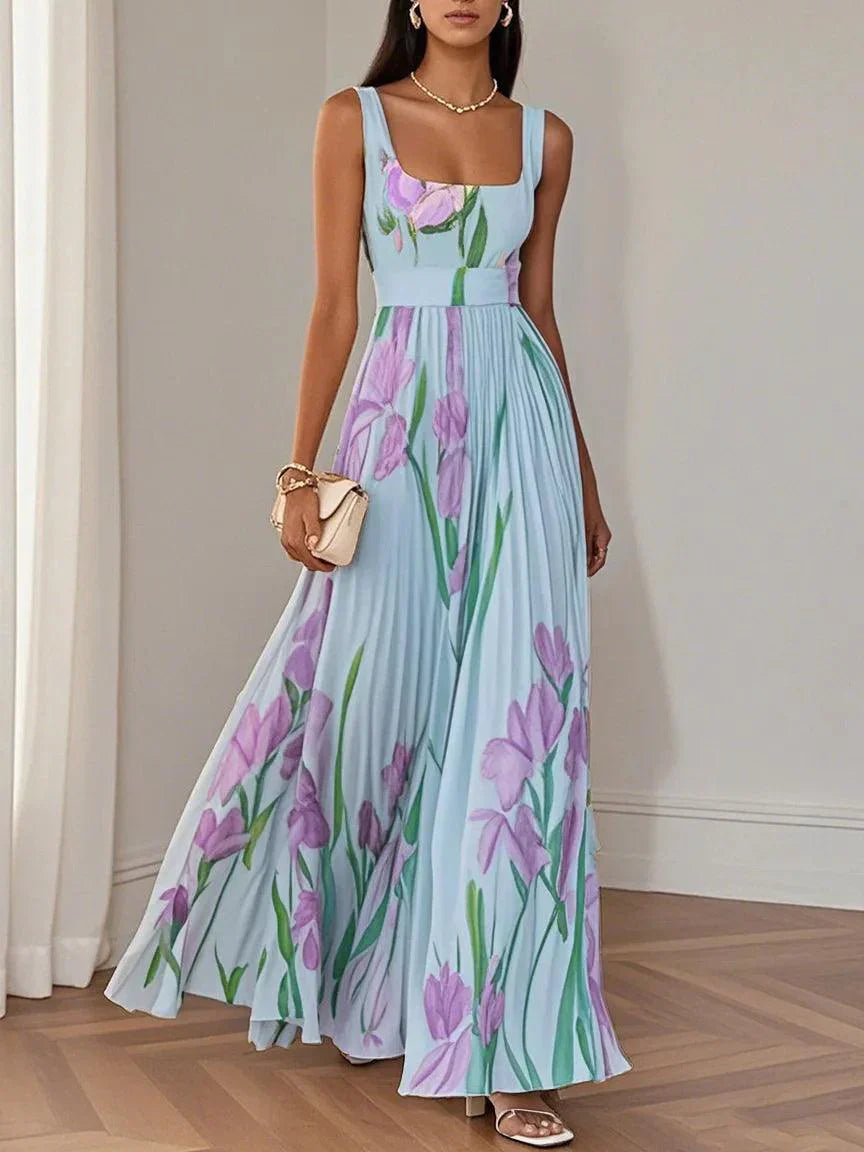 Women's White Pleated Floral Maxi Dress | Belluvyn