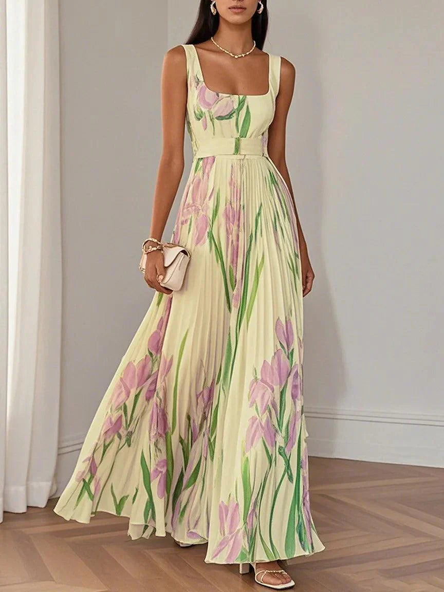 Women's White Pleated Floral Maxi Dress | Belluvyn