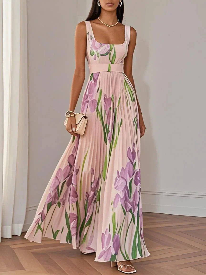 Women's White Pleated Floral Maxi Dress | Belluvyn