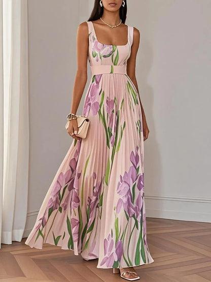 Women's White Pleated Floral Maxi Dress | Belluvyn