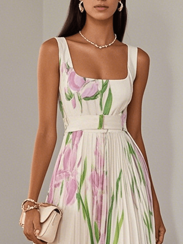 Women's White Pleated Floral Maxi Dress | Belluvyn