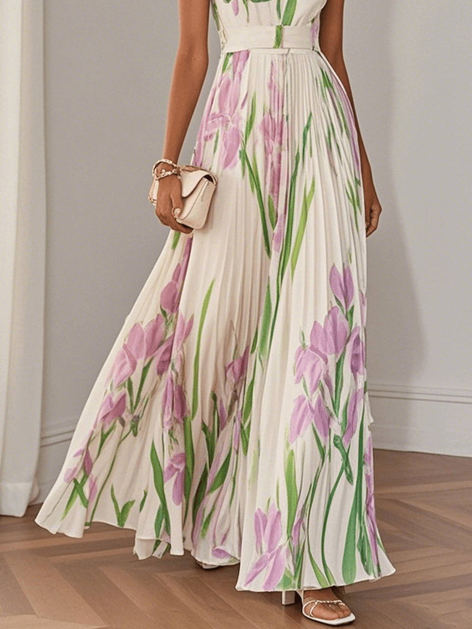 Women's White Pleated Floral Maxi Dress | Belluvyn