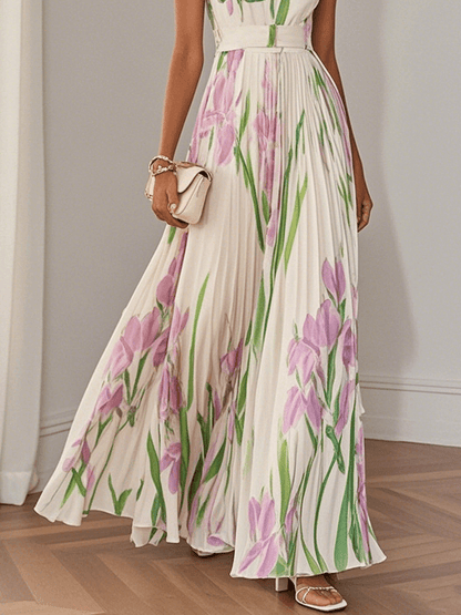 Women's White Pleated Floral Maxi Dress | Belluvyn