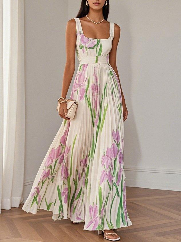 Women's White Pleated Floral Maxi Dress | Belluvyn