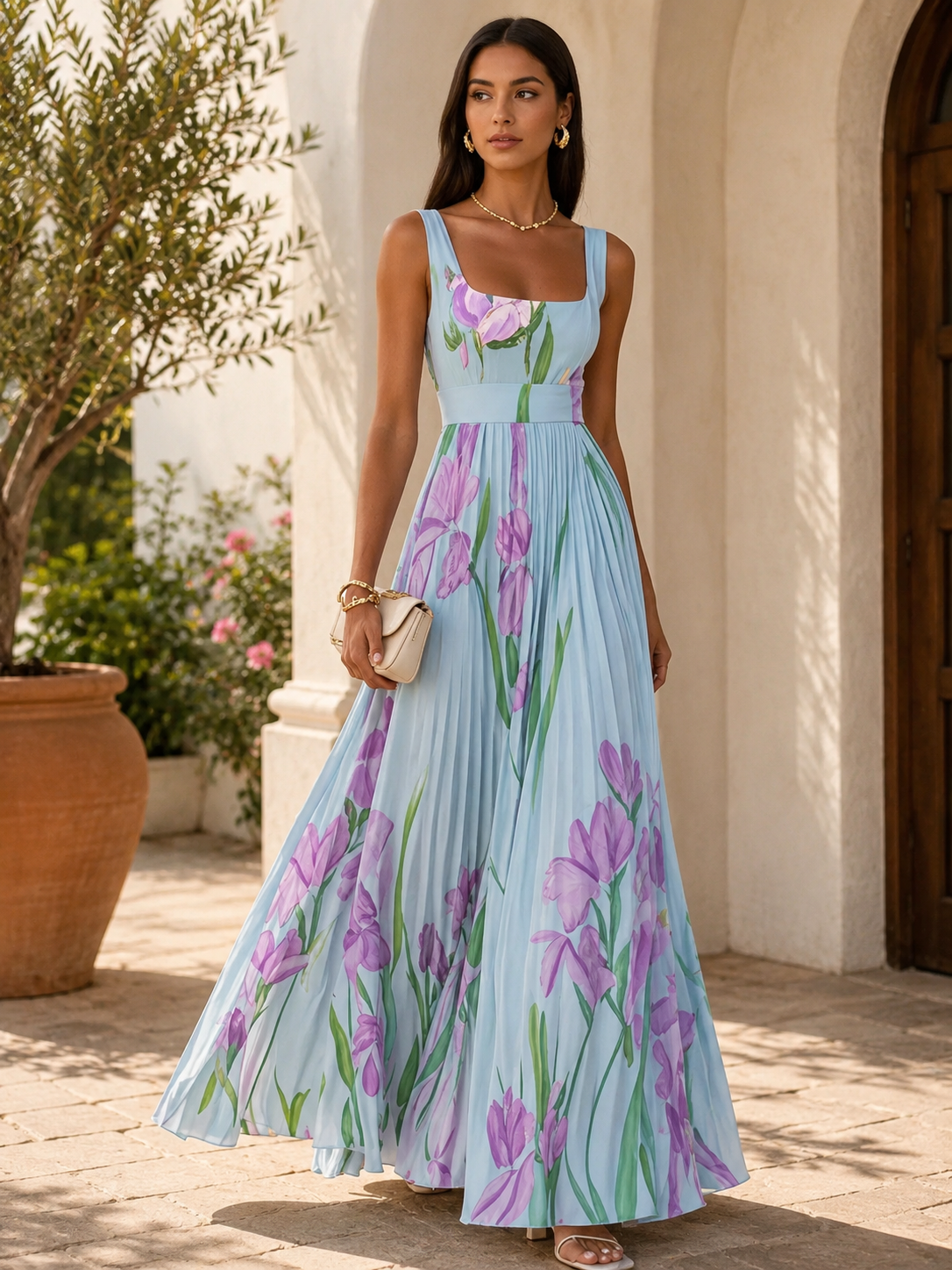 Women's White Pleated Floral Maxi Dress | Belluvyn