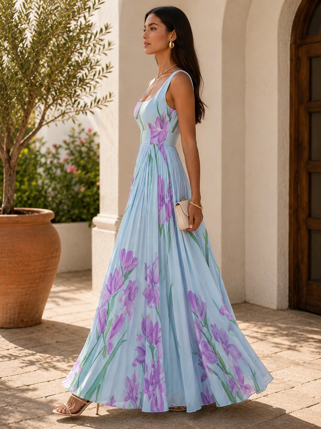 Women's White Pleated Floral Maxi Dress | Belluvyn