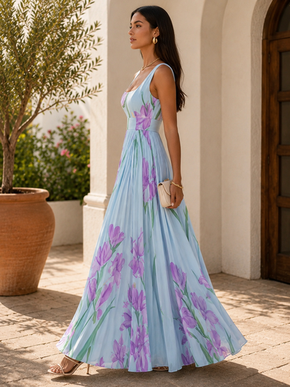 Women's White Pleated Floral Maxi Dress | Belluvyn