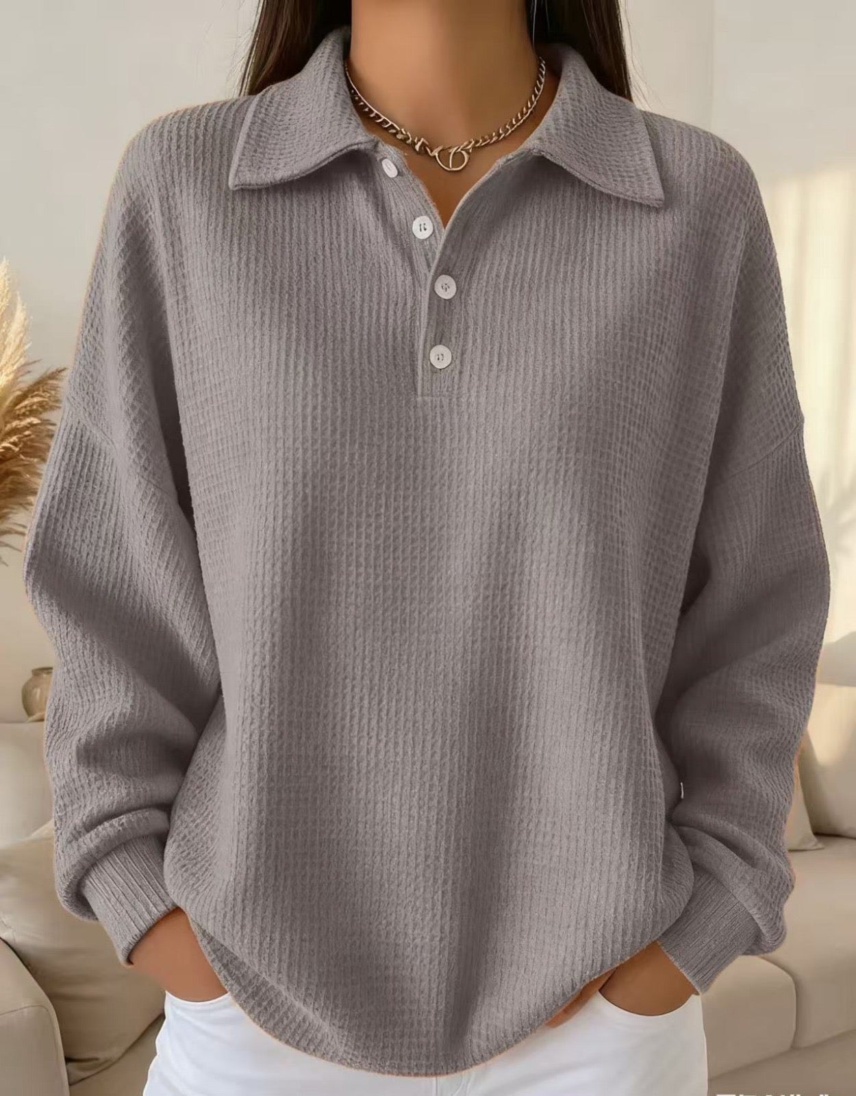 Women's Textured Knit Polo Sweater Oversized | Belluvyn