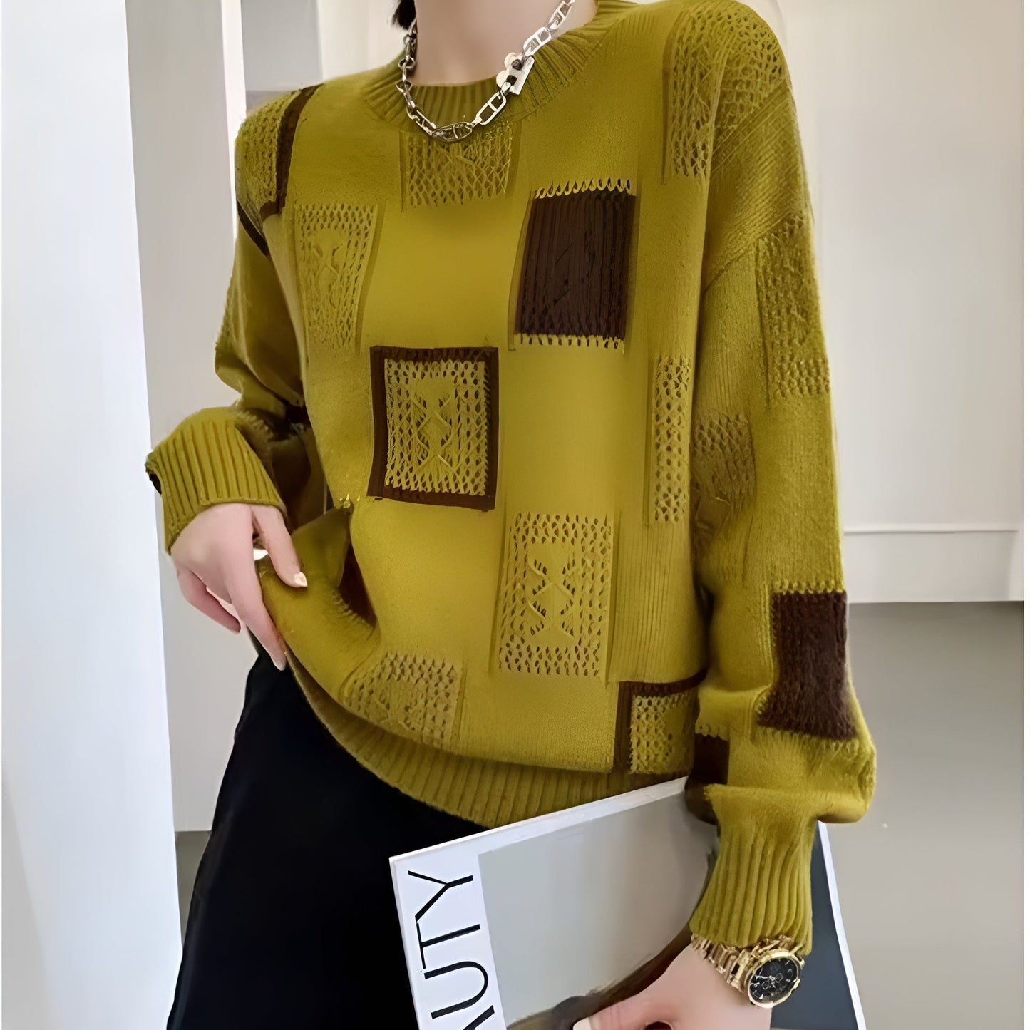 Women's Elegant Squares Knit Sweater | Belluvyn