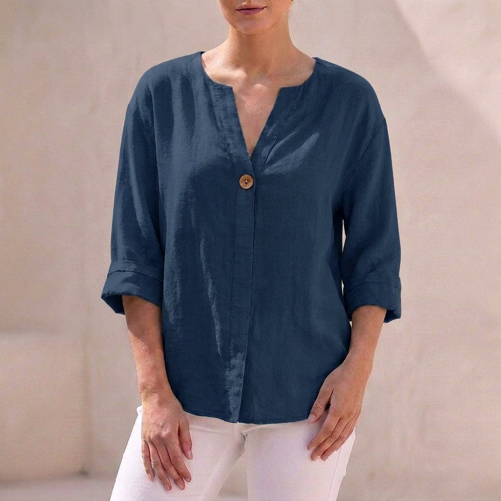 Women's Loose Fit V-Neck Button-Up Top | Belluvyn