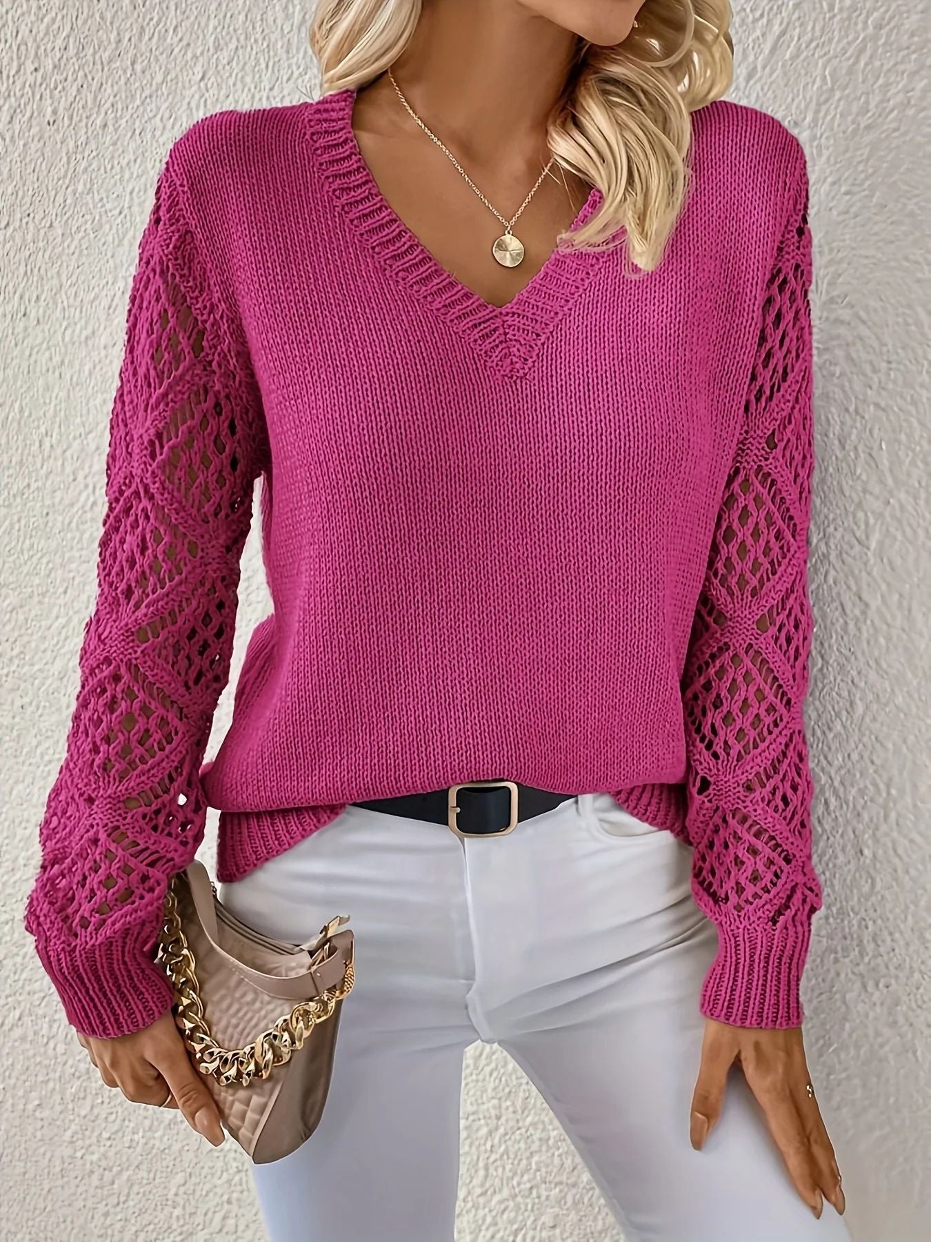 Women's V-Neck Crochet Sweater | Belluvyn