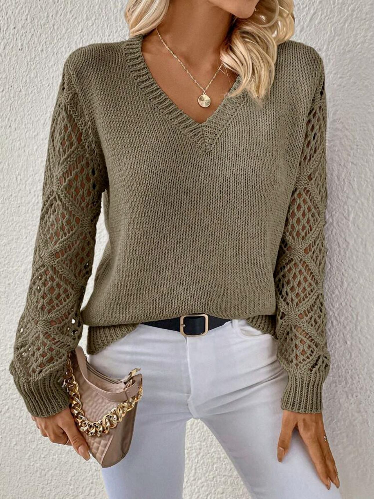Women's V-Neck Crochet Sweater | Belluvyn