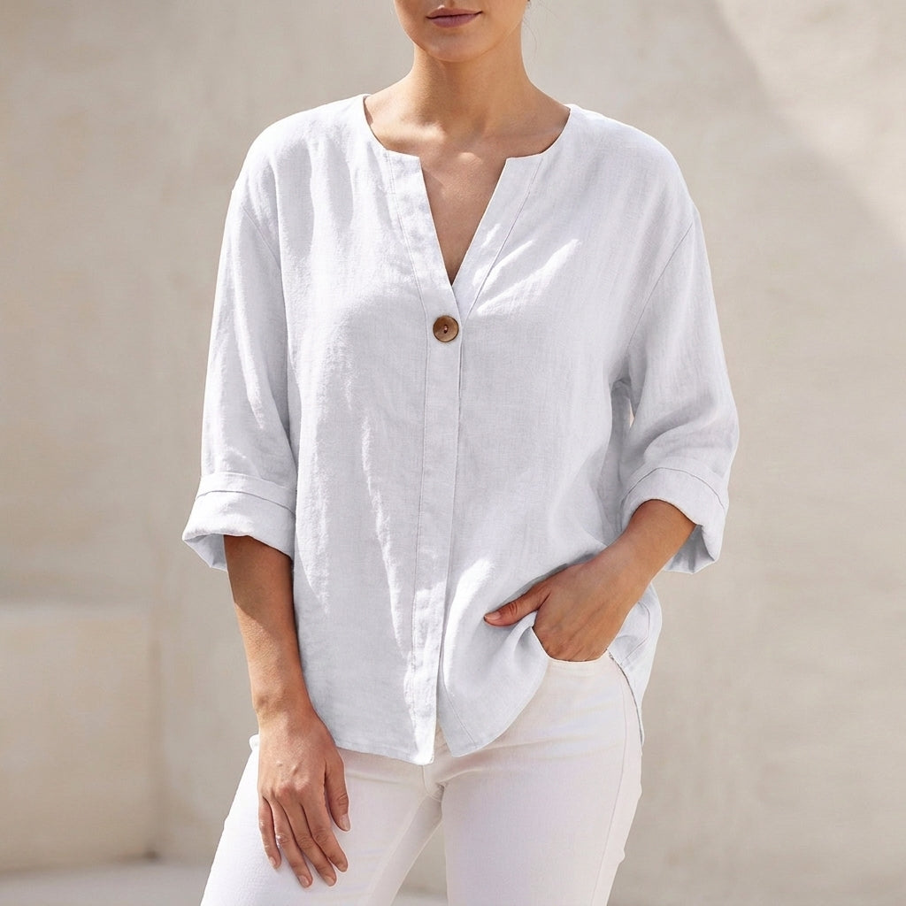 Women's Loose Fit V-Neck Button-Up Top | Belluvyn