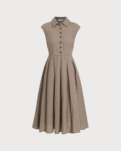 Brown Plaid Pleated Midi Dress | Belluvyn