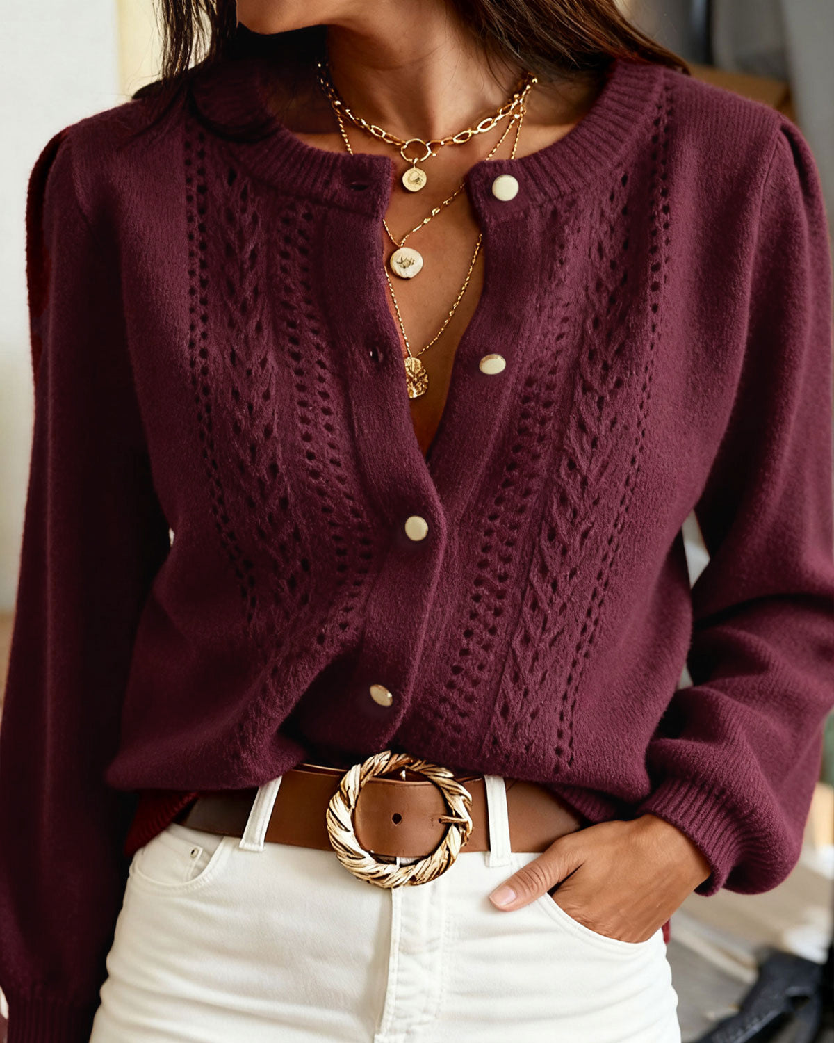Women's Round Neck Knit Cardigan | Belluvyn