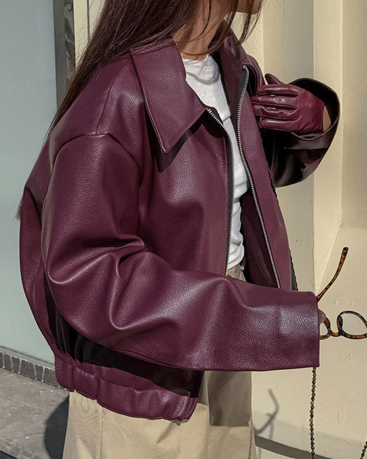 Women's Maroon Faux Leather Jacket | Belluvyn