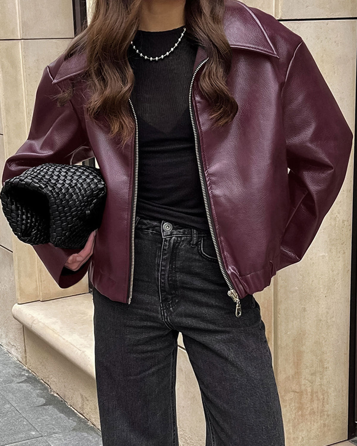 Women's Maroon Faux Leather Jacket | Belluvyn