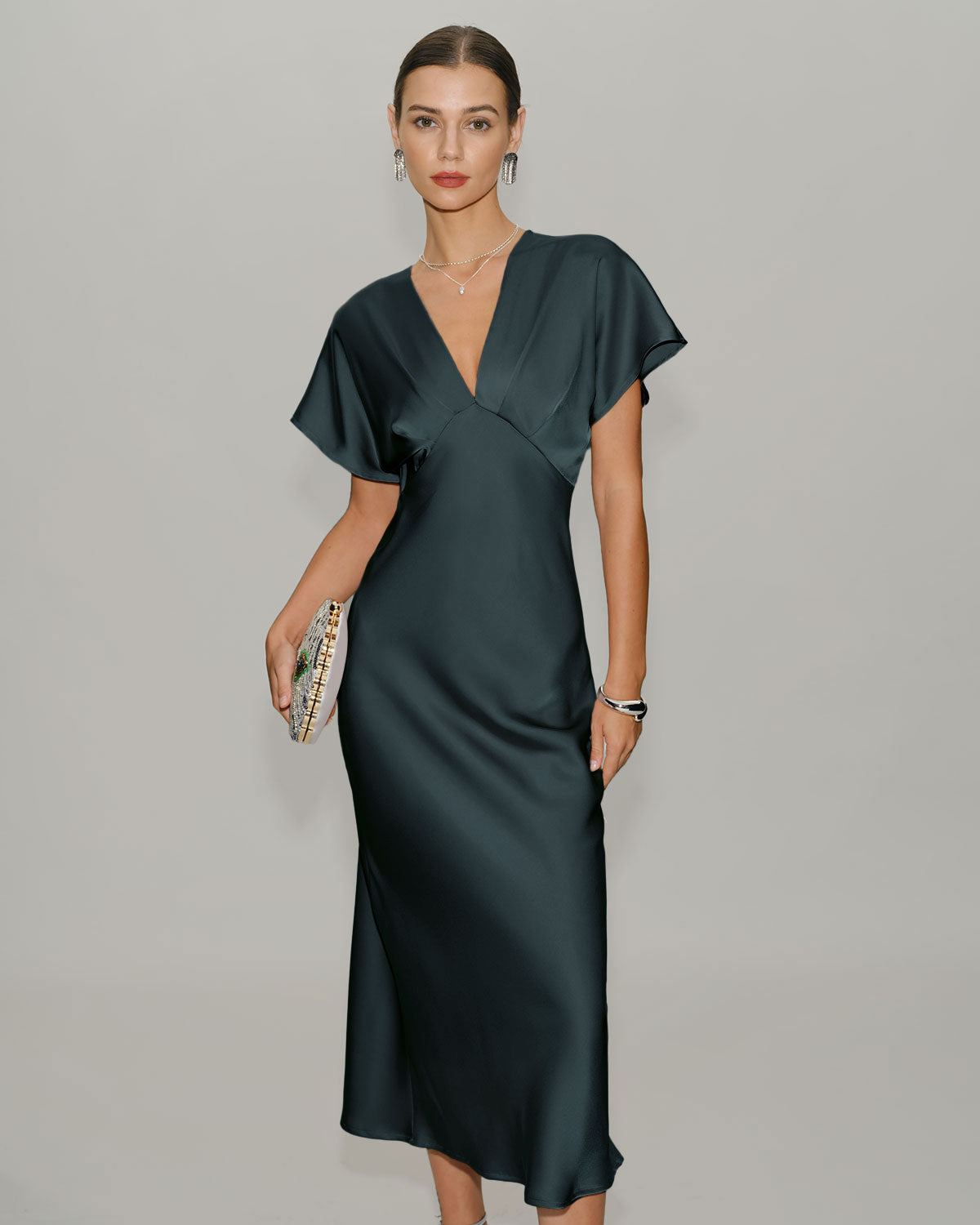Women's Satin Cowl Sleeve Midi Dress | Belluvyn