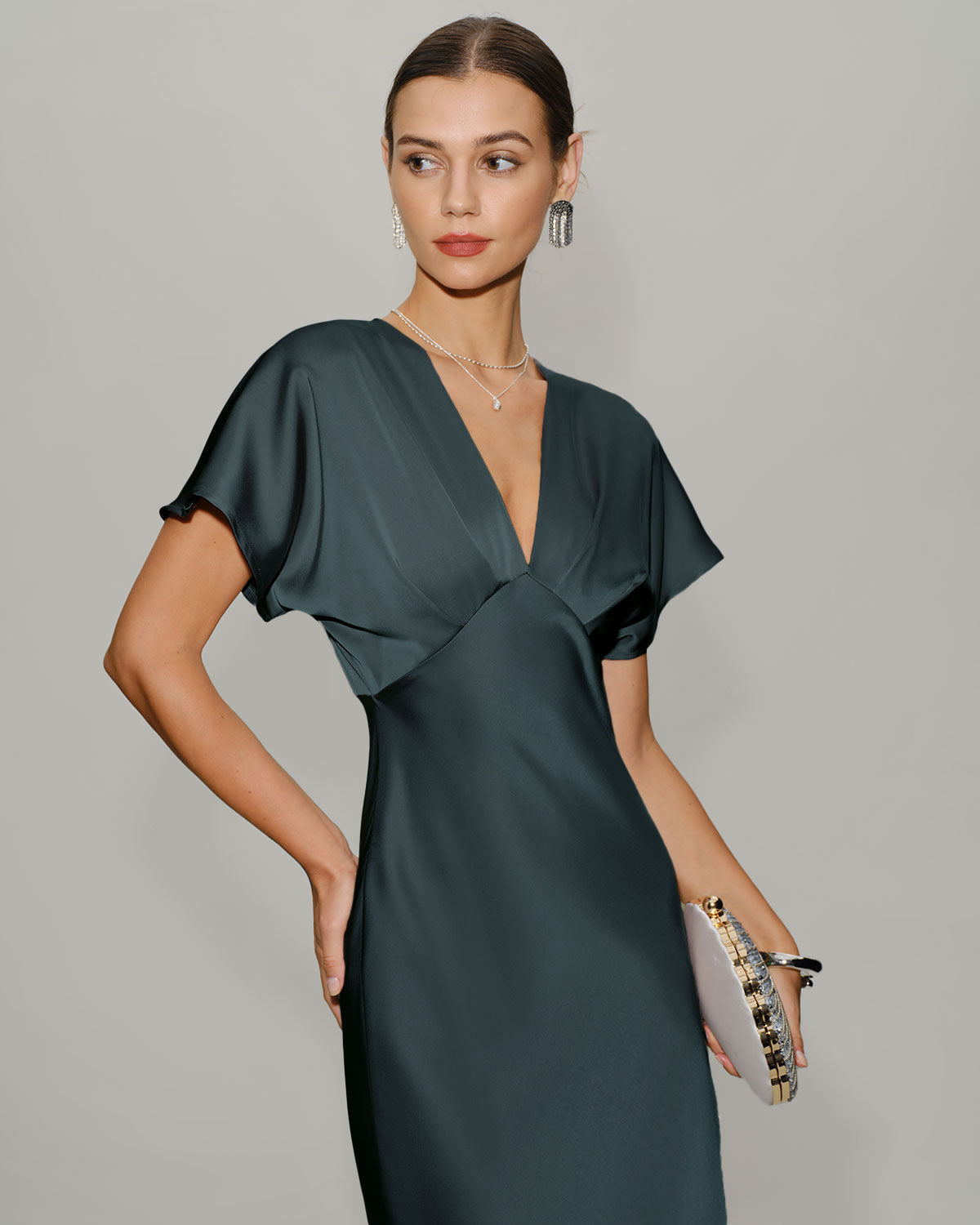 Women's Satin Cowl Sleeve Midi Dress | Belluvyn