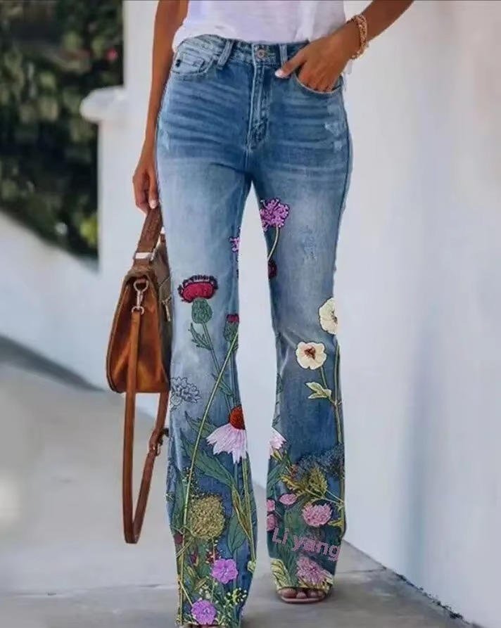 Women's High-Waist Floral Flare Jeans | Belluvyn