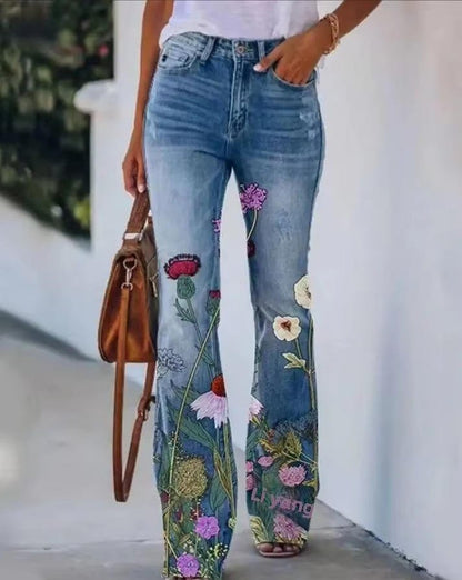 Women's High-Waist Floral Flare Jeans | Belluvyn