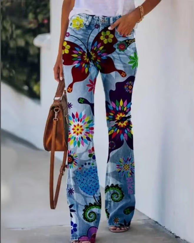 Women's High-Waist Floral Flare Jeans | Belluvyn
